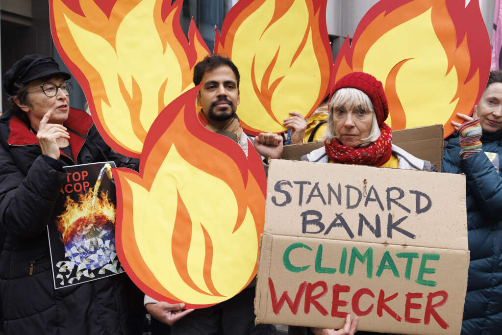 2023-10-17 Standard Bank, City of London UK. Stop the East Africa Crude Oil Pipeline (EACOP) protest outside Standard Bank.